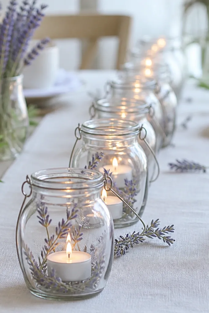 A straight line of small clear glass lanterns on a table runner, each filled with a tea-light candle and a few dried lavender sprigs. The color scheme is white, lavender, and pale green.