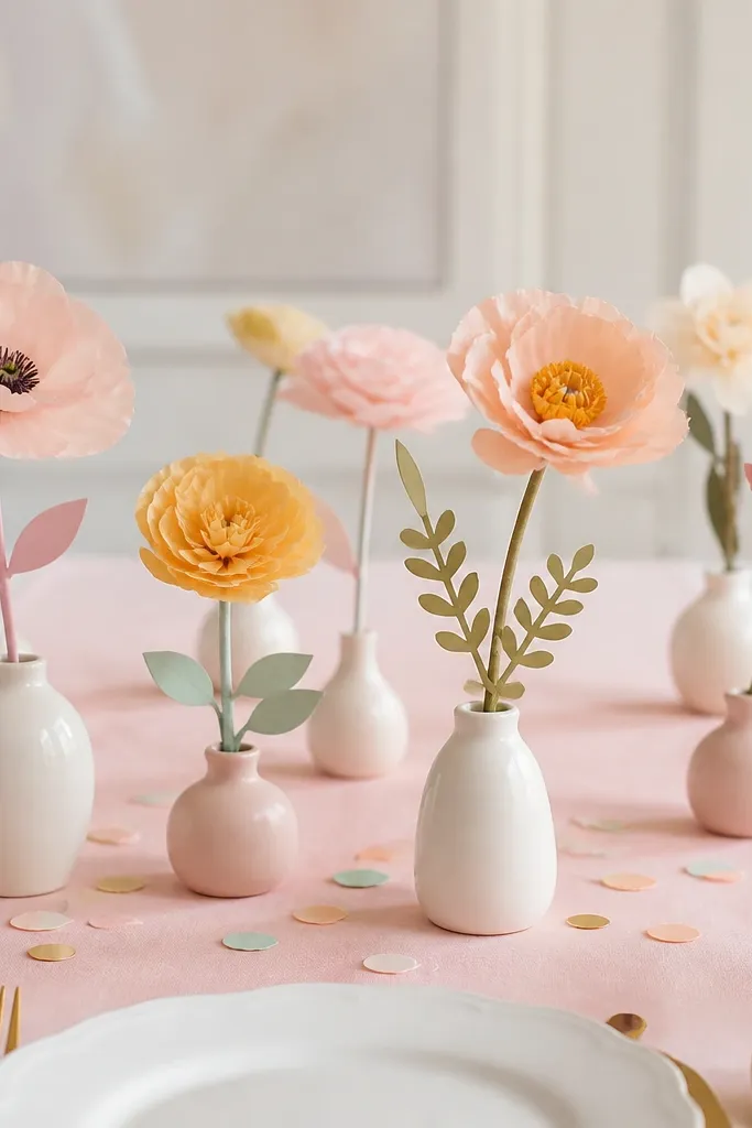 Small bud vases filled with paper flowers on thin stems, plus a sprinkle of pastel confetti at the base. The table has a light pink runner and minimal gold cutlery.