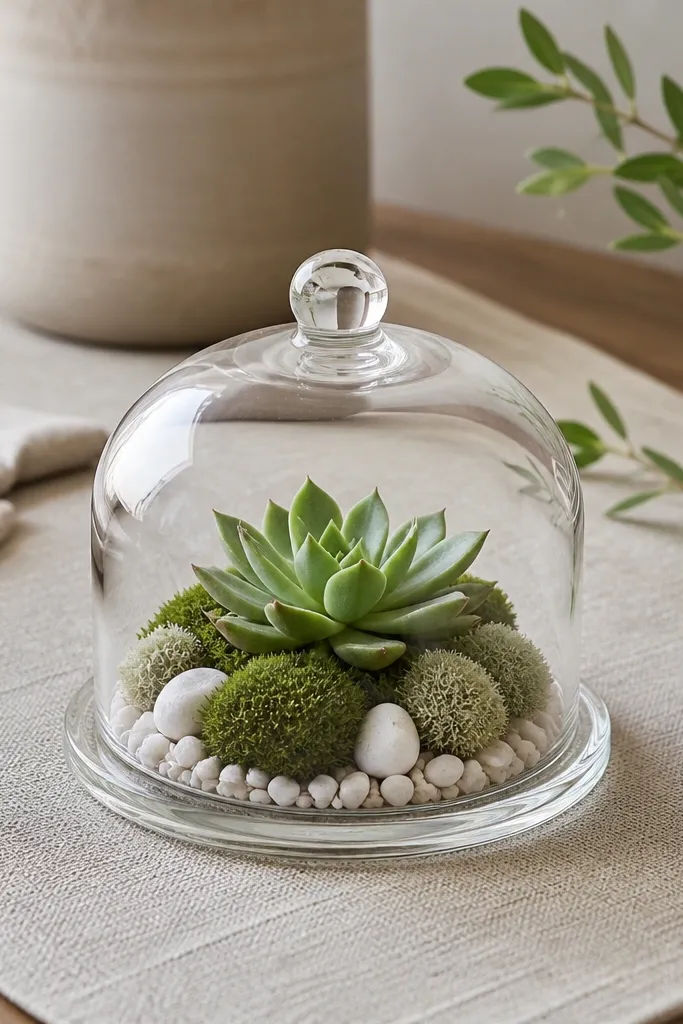 A small glass cloche covering a mini terrarium with faux moss, tiny white pebbles, and a single faux succulent. Soft neutral table styling with a linen runner.
