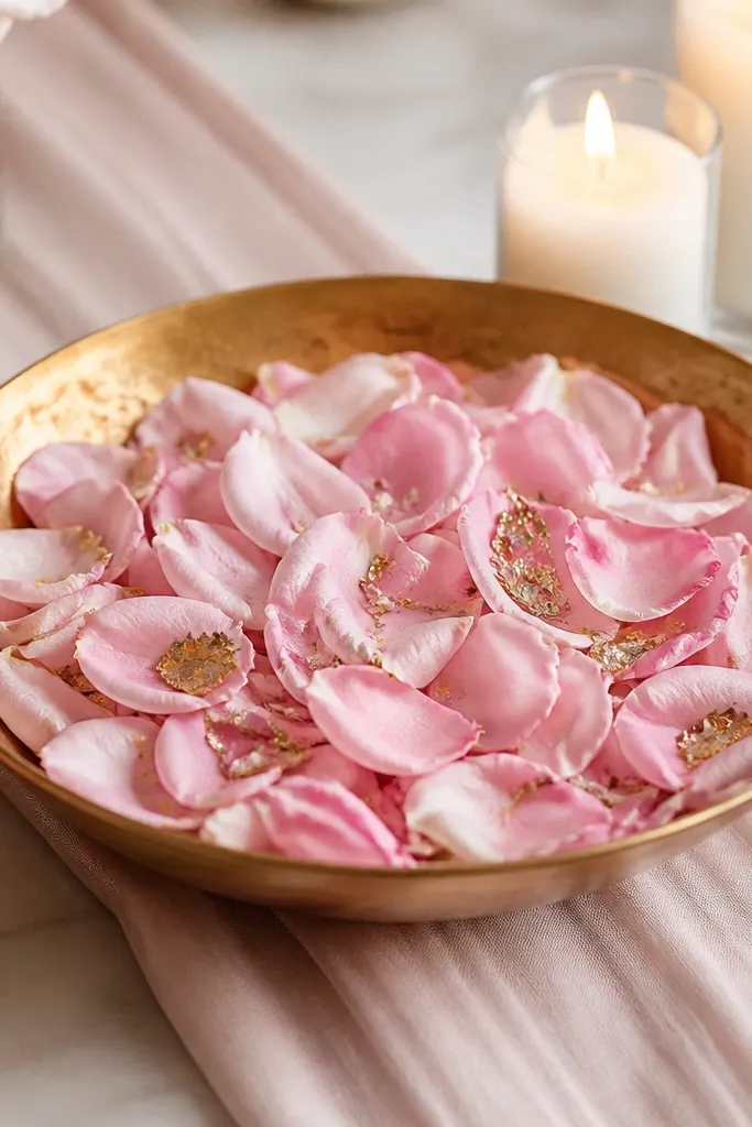 A shallow gold bowl filled with pink rose petals and tiny gold leaf flakes. The background shows a blush table runner and a few white candles nearby.