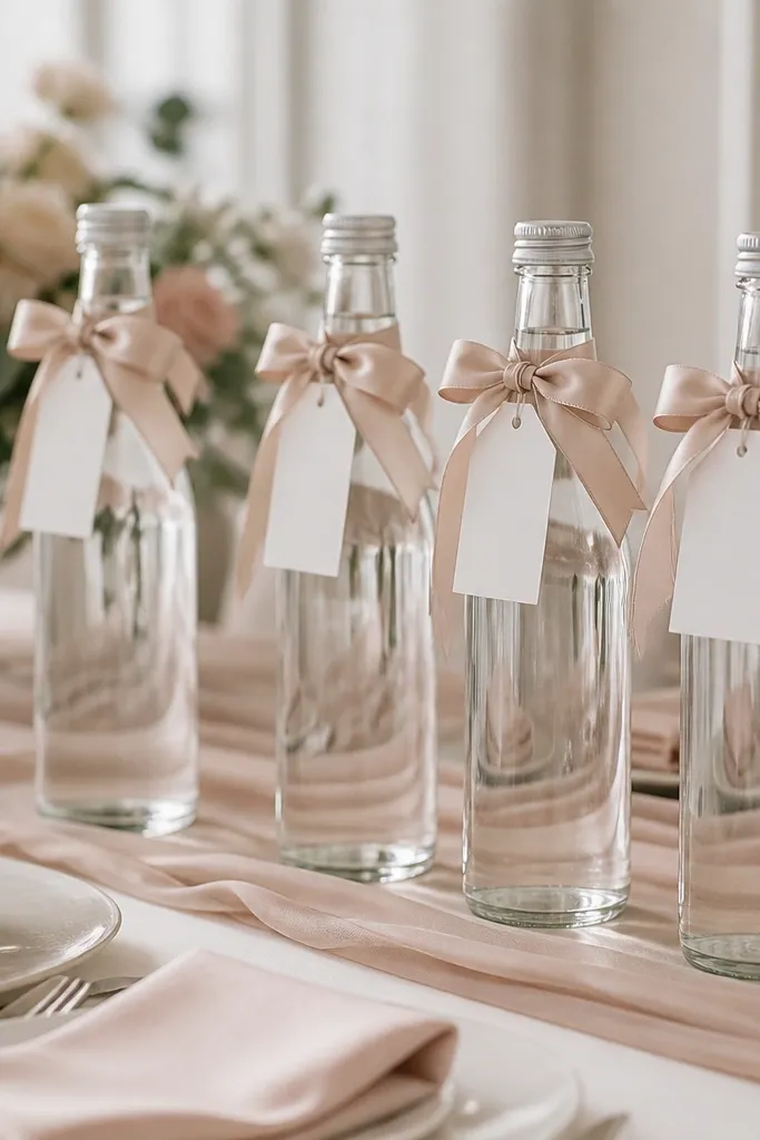 Clear water bottles wrapped with blush silk ribbons, each with a small white tag tied to the neck. The bottles sit in a row on a table runner with matching napkins.