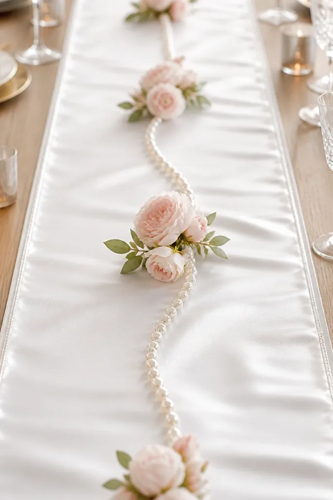 A white satin table runner with a thin faux pearl garland laid down the center. Small clusters of blush faux flowers sit at intervals, and the edges show subtle sparkle thread.
