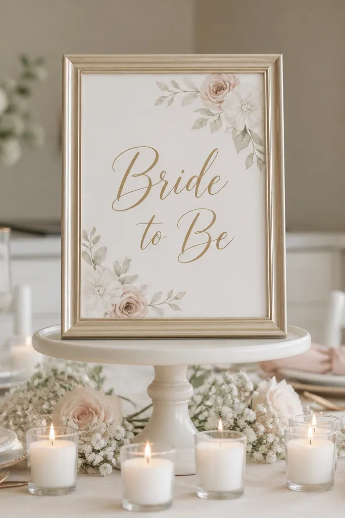 A tall cake stand holding a framed “Bride to Be” sign, surrounded by small white votives at the base. The table behind shows blush napkins and white plates.