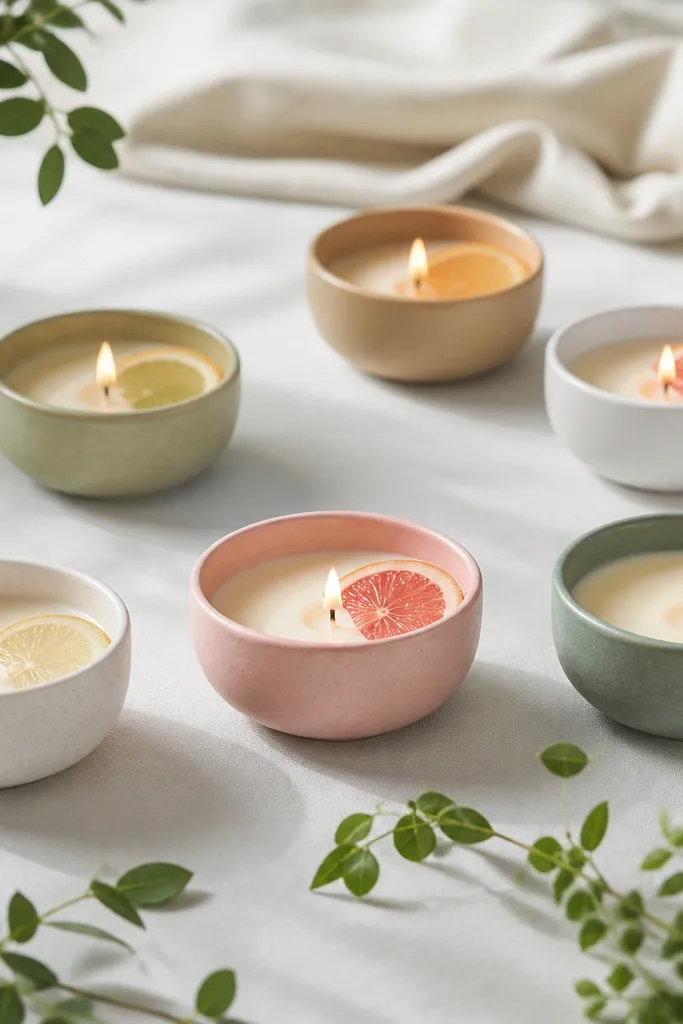 Multiple low candle holders in soft pastel colors, each with a thin citrus slice tucked beside the candle in a clear arrangement. The table has a bright white cloth and light greenery accents.