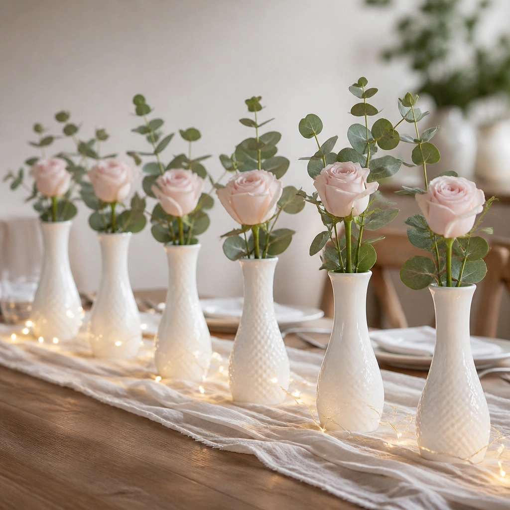 A long table runner with six milk-glass bud vases, each holding a single blush rose and eucalyptus. Warm white micro LED fairy lights weave softly between the vases and the runner, creating a gentle glow.