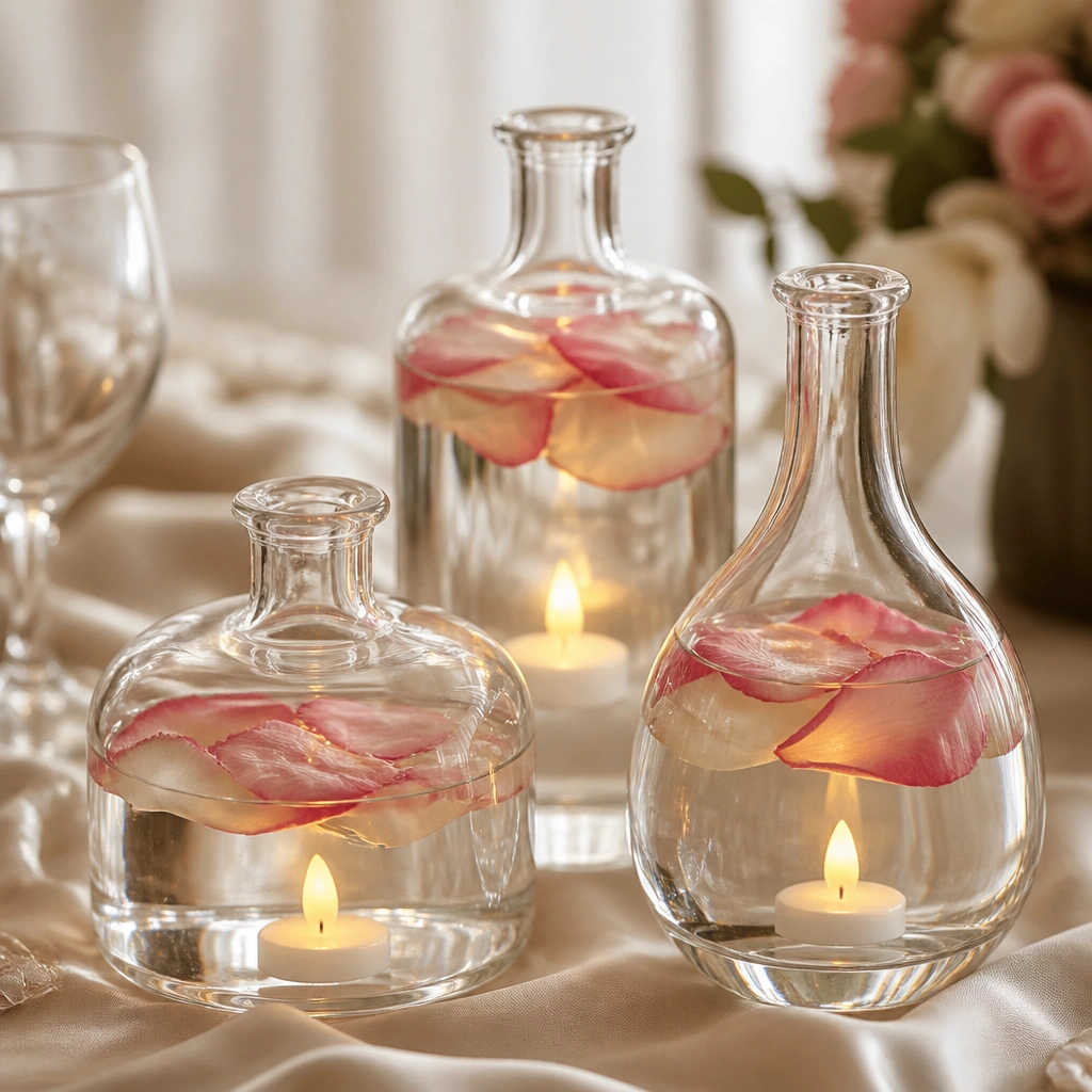 Clear glass bottles filled with water and a few rose petals. Inside each bottle is a small candle-style LED that flickers gently, and the bottles sit on a satin cream tablecloth.