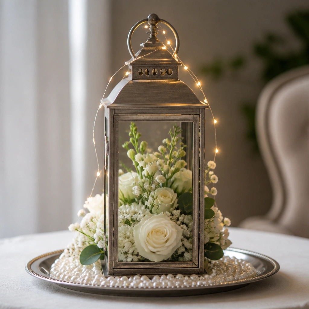 A medium metal lantern on a round tray with a white floral arrangement inside. Warm fairy lights hang in a gentle loop from the lantern handle, and the tray is lined with pearl-like beads.