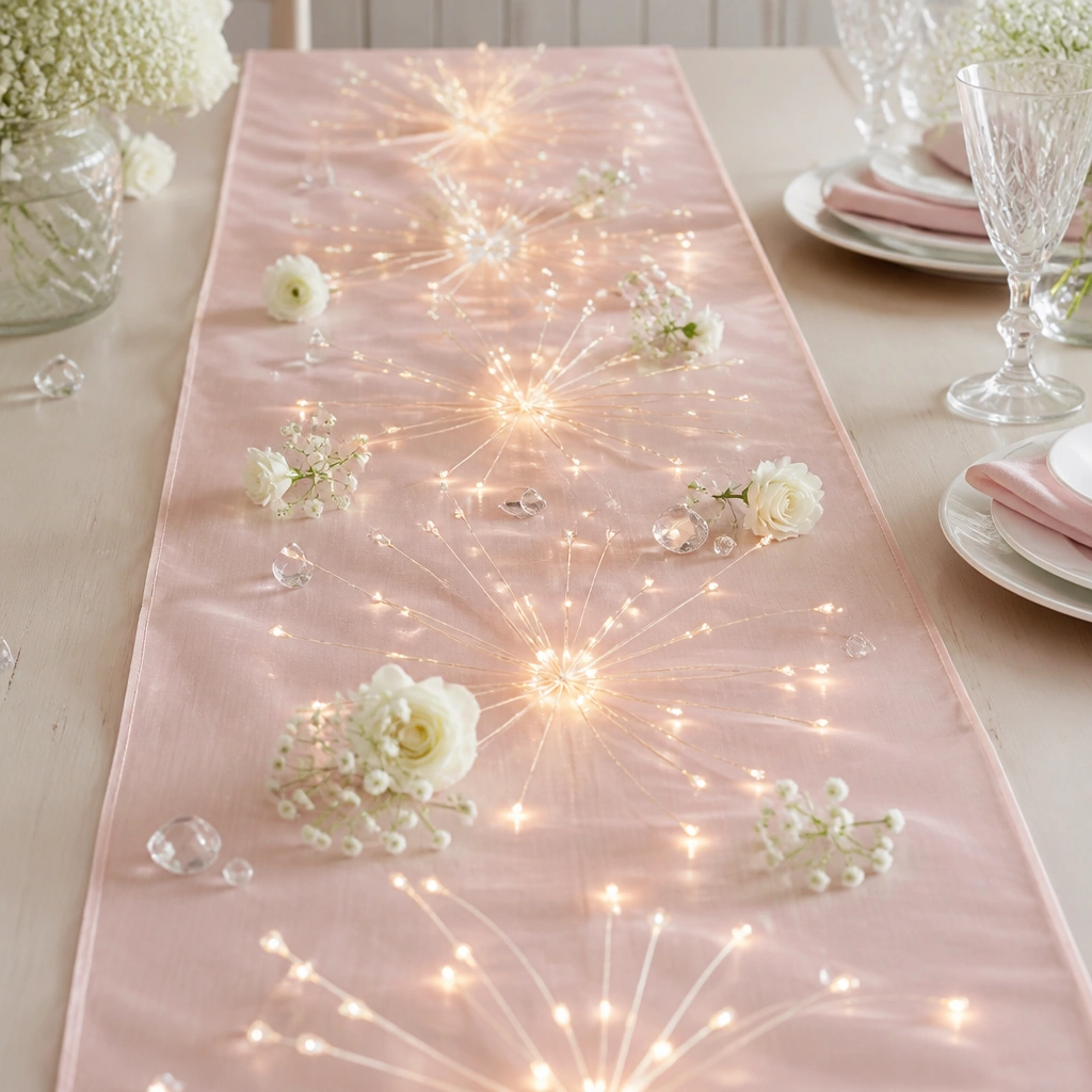 A blush-pink table runner with a starburst pattern of mini warm lights across the center. Small white blooms and scattered crystals sit between light clusters.