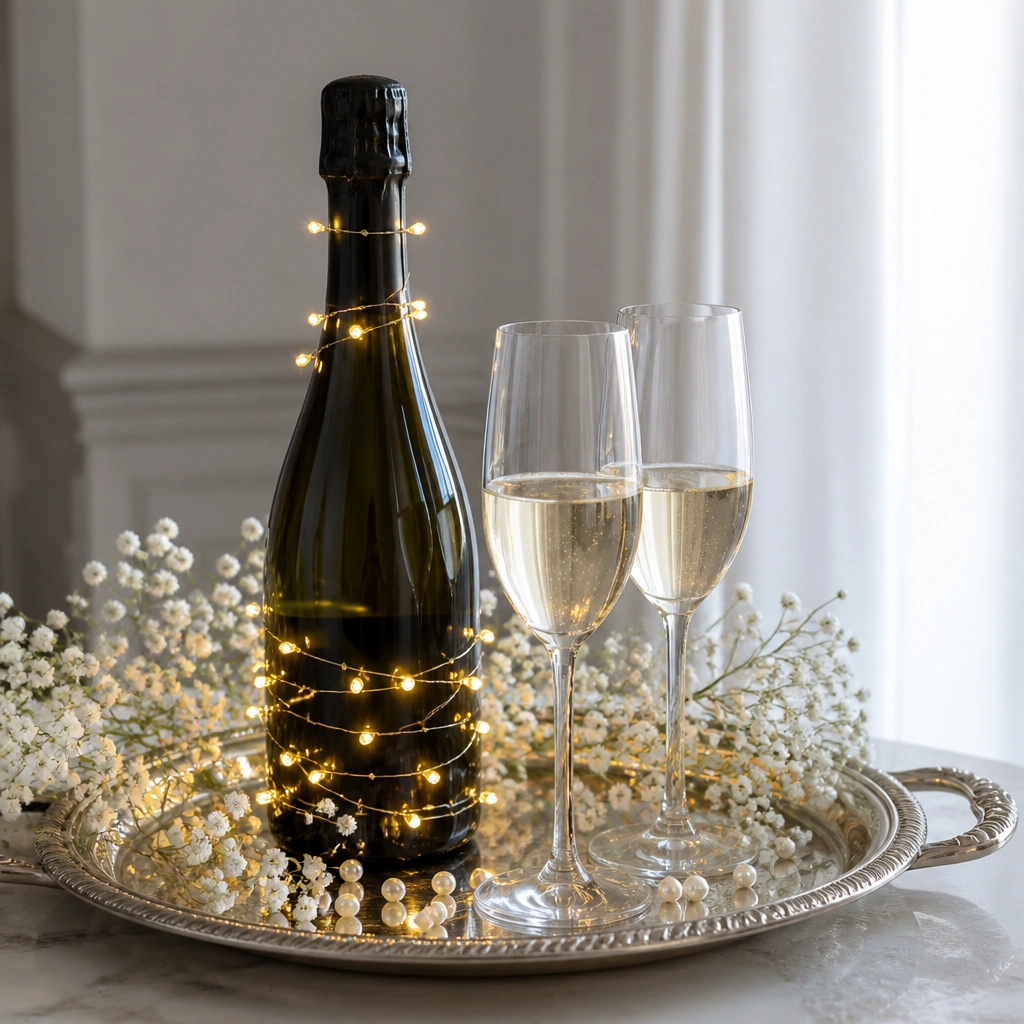 A silver champagne tray holding a bottle and two glasses. The bottle has a subtle warm LED wrap around the neck and lower half, and the tray is decorated with white baby's breath and small pearls.