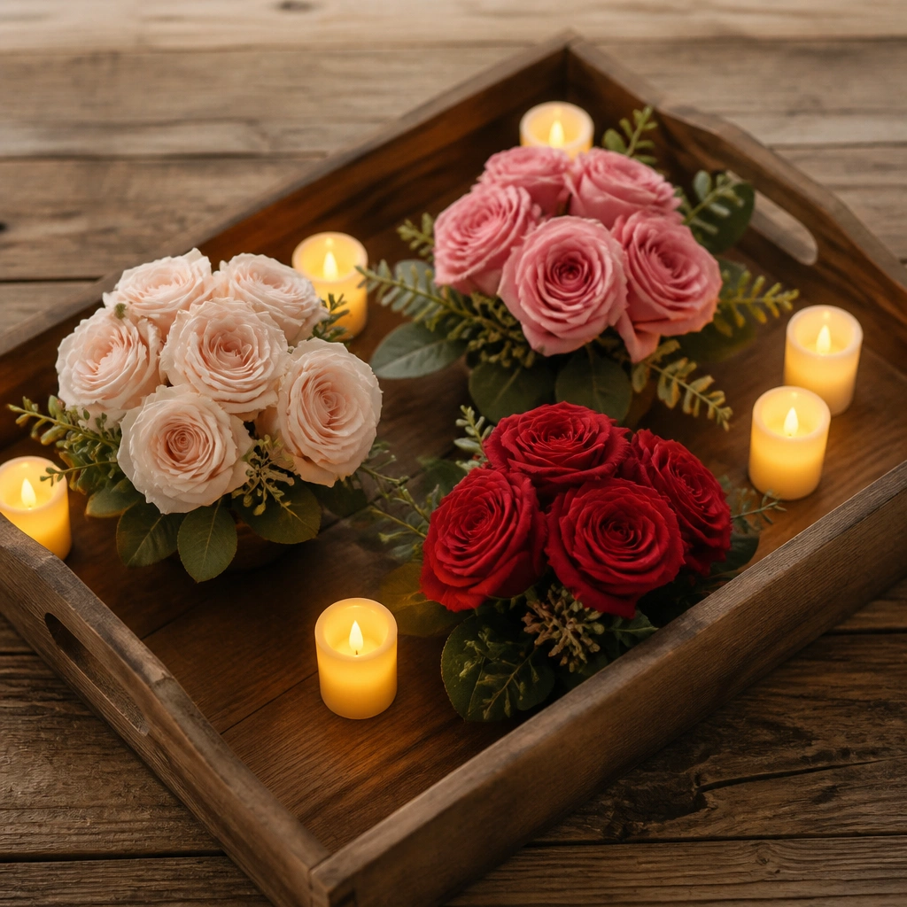 A shallow wood tray with three rose clusters. Around them are several small LED votive candles, and warm lights glow softly against the wood grain.
