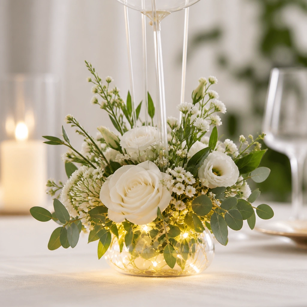 A small clear balloon weight base placed under a decorative arrangement. Warm fairy lights are woven into the base, and the centerpiece includes white flowers and greenery around the light points.