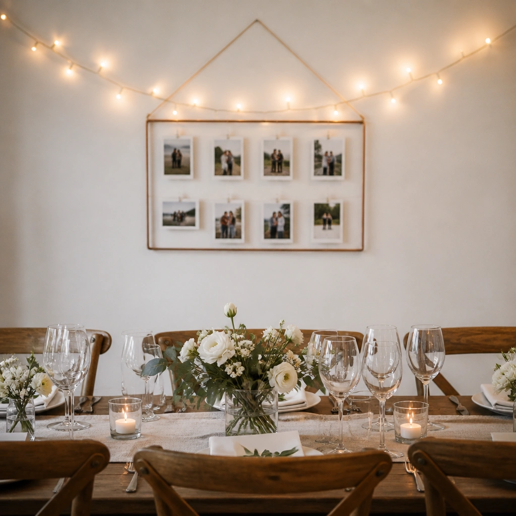 A simple backdrop of a small hanging picture frame or photo grid behind the table. Warm string lights drape behind it, and the front table setting has minimal white florals and place cards.