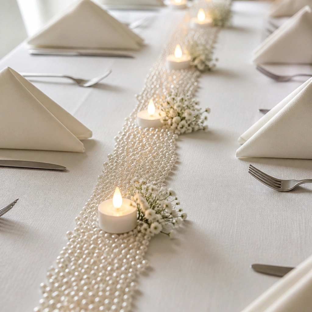 A pearl bead runner down the middle of a table with small LED tea lights spaced along it. Each tea light sits near a tiny cluster of white flowers and a folded napkin.