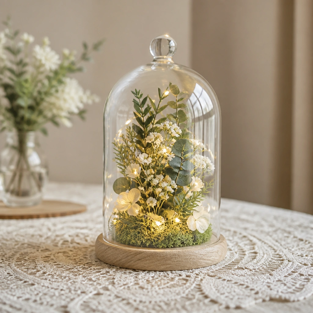 A glass cloche dome over a small arrangement of mini white blooms, greenery, and a warm LED strip. The light glows softly inside the dome, and the cloche sits centered on a cream lace mat.