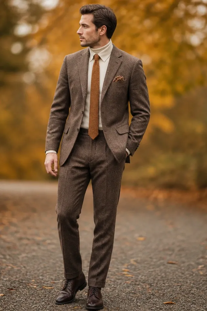 A groom wearing a tobacco-brown tweed two-piece suit with a cream turtleneck, a caramel knit tie, a folded pocket square, and dark leather lace-up shoes; fall leaves blurred in the background.