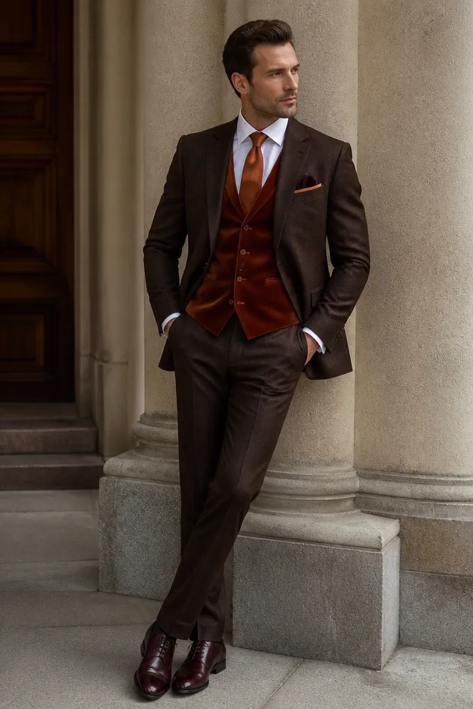 A chocolate-brown three-piece suit with a rust velvet vest, white dress shirt, rust satin tie, burgundy pocket square, and polished oxblood shoes.