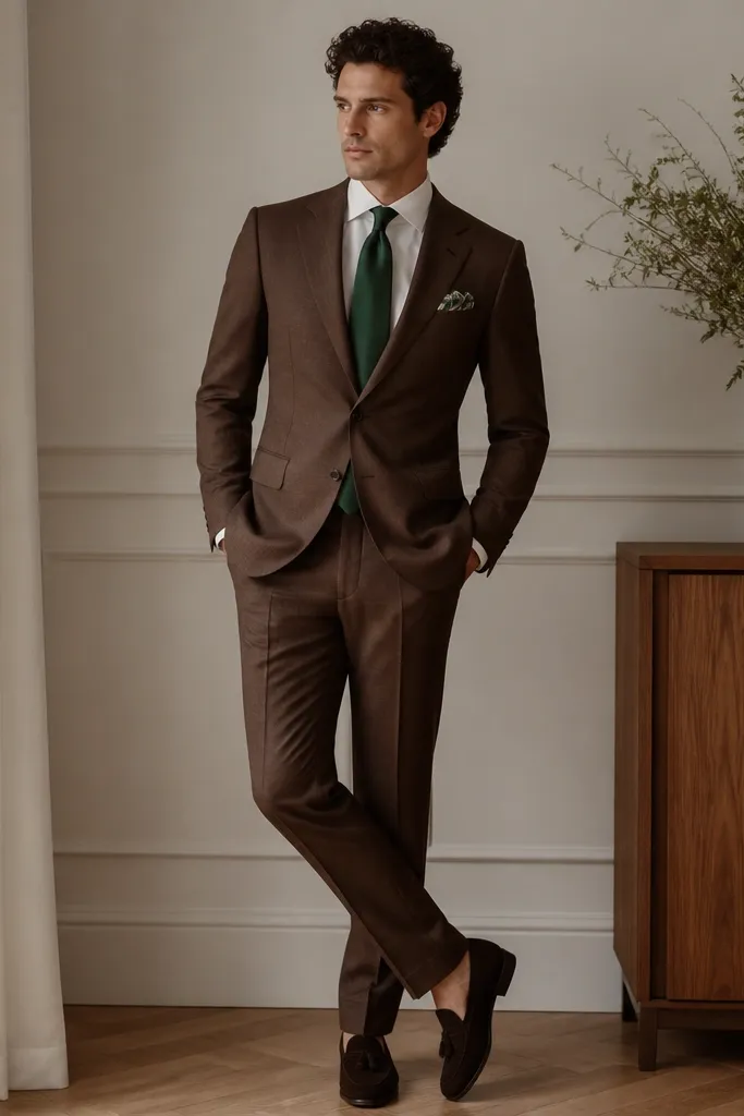 A walnut-brown single-breasted suit with a white shirt, a deep green silk tie, a green-and-cream pocket square, and dark brown loafers.