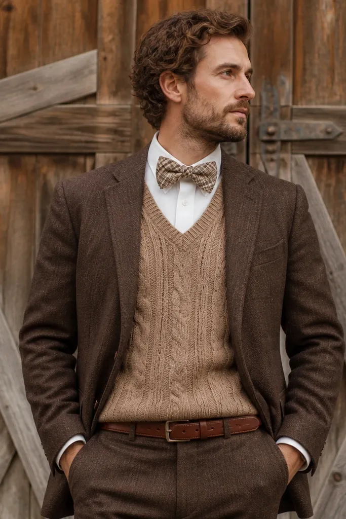 A brown wool suit with a tan cable-knit vest, a cream-and-brown bow tie, a white shirt, and a brown leather belt; rustic barn doors in the background.