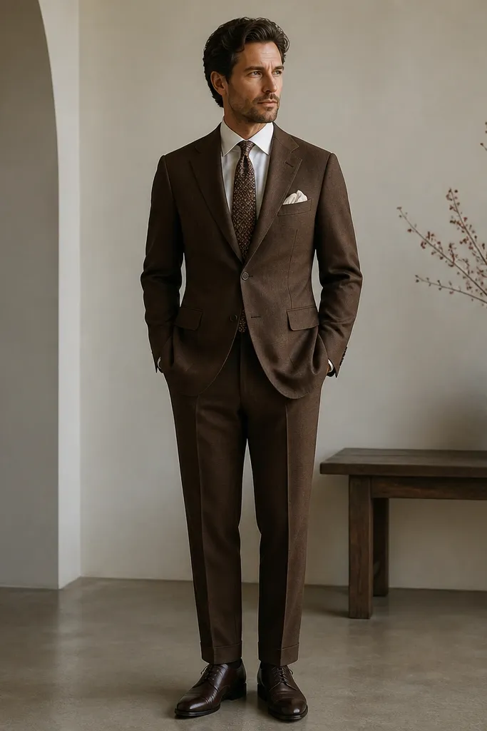 A burnt umber suit with an ivory dress shirt, a patterned tie featuring small warm tones, a neatly folded pocket square, and black-brown oxford shoes.