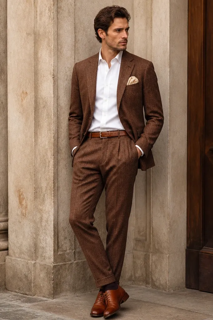A herringbone rust-brown suit with subtle texture, a cream pocket square, white shirt, a warm brown belt, and cognac leather shoes.