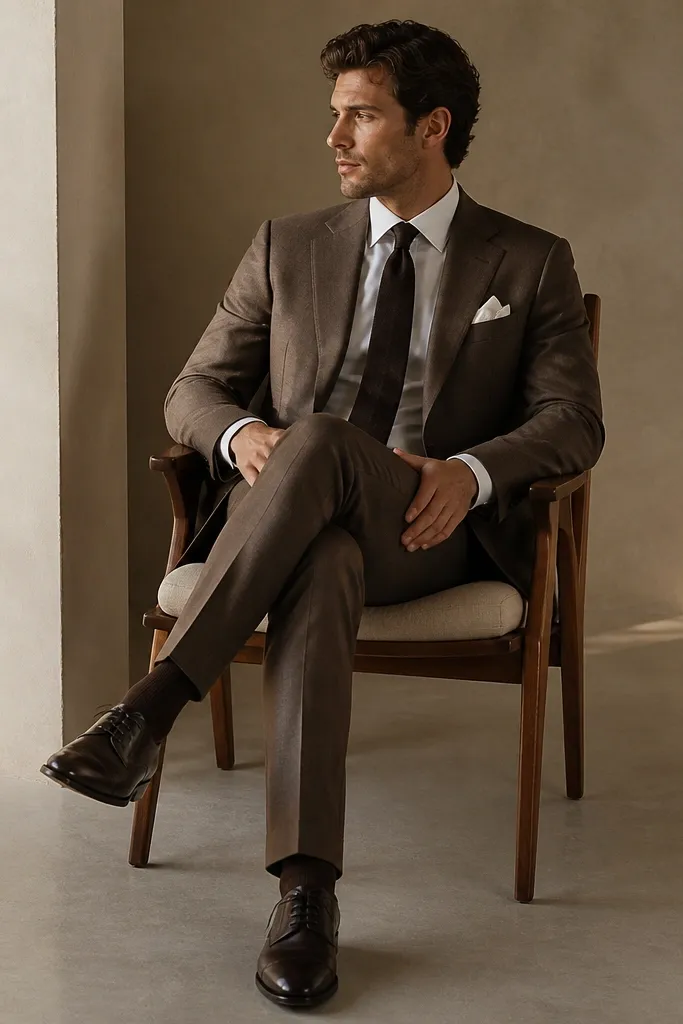 A mocha-brown suit with a white dress shirt, a black-brown satin tie, a crisp white pocket square, and dark leather shoes with a slight shine.