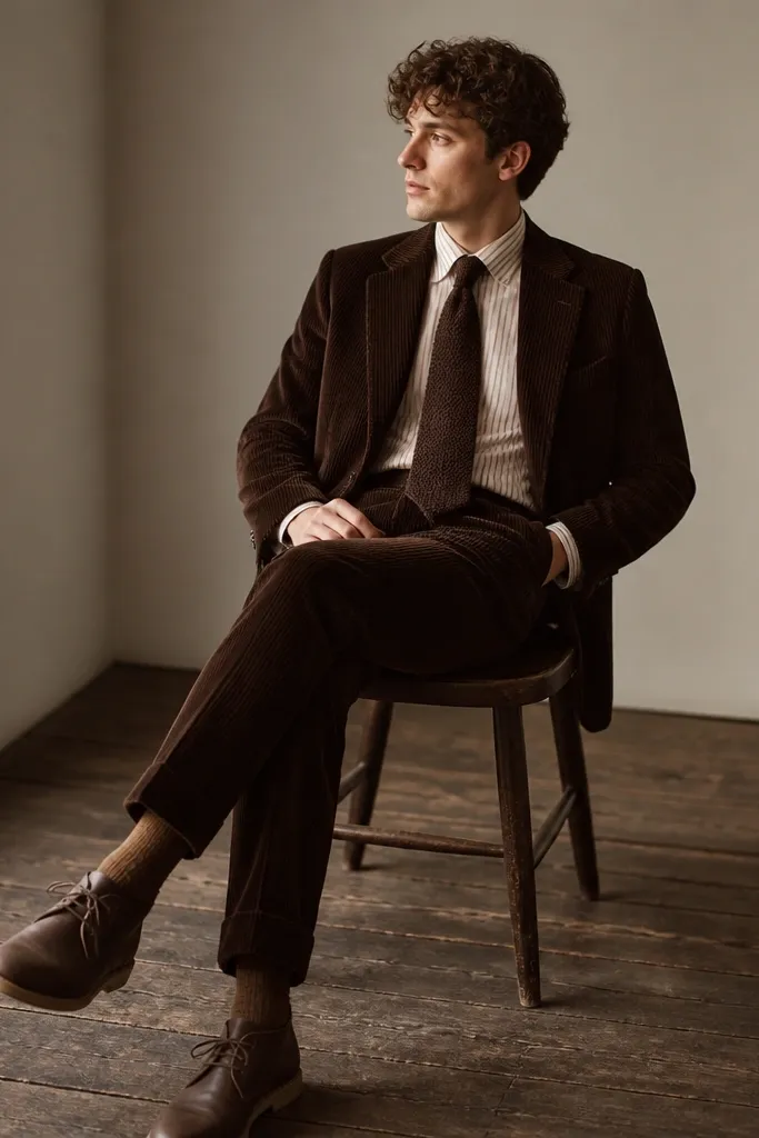 A dark brown corduroy jacket worn with matching corduroy trousers, a light striped shirt, a brown knit tie, and leather desert boots.