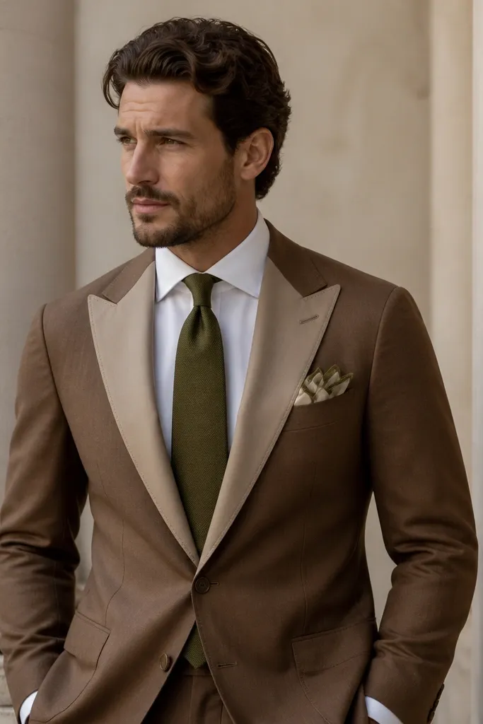 A two-tone suit featuring tan lapels and a medium-brown body, an olive tie, a white shirt, and a pocket square with olive and cream tones.