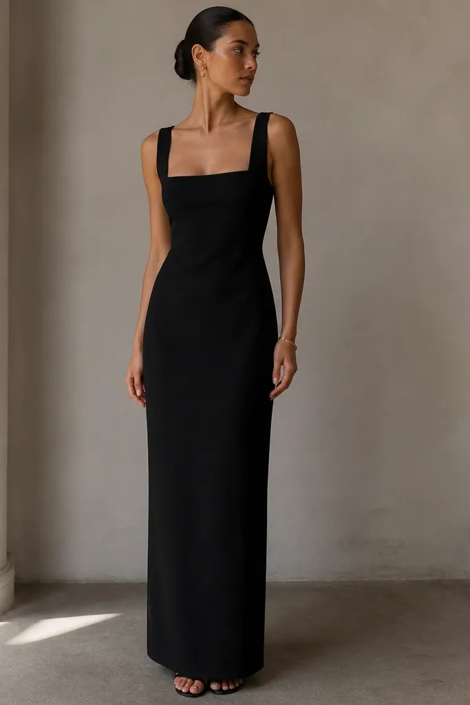 Model wearing a black long column dress with a square neckline, fitted through the torso, and a straight skirt that falls to the ankles; matte crepe texture.