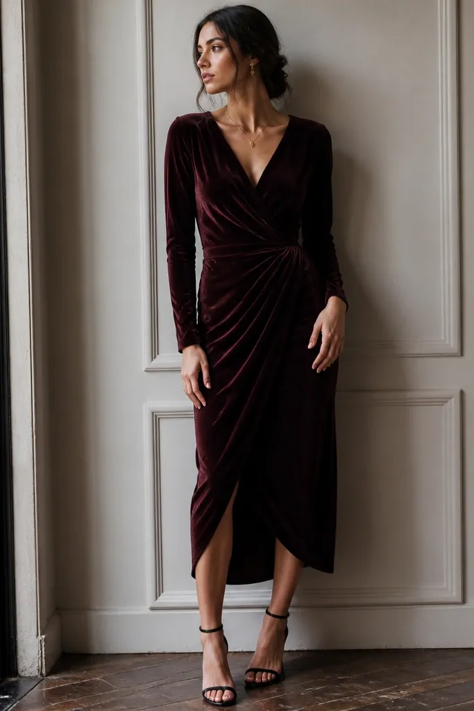 Model wearing a deep wine or black velvet-feel midi dress with a wrap front, long sleeves, and a skirt that falls to mid-calf.