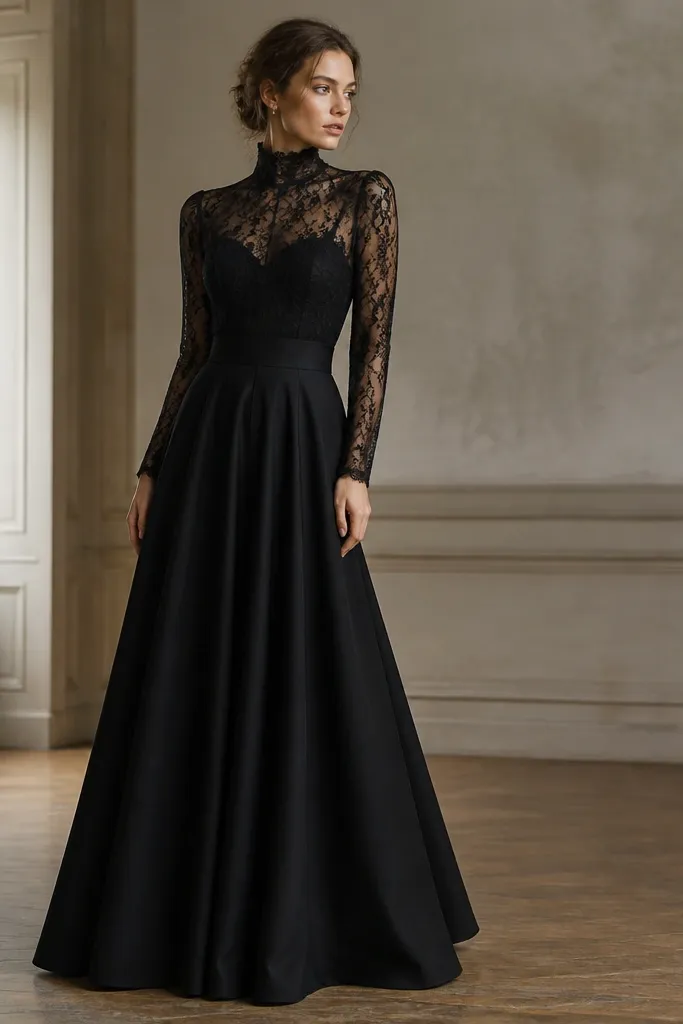 Model in a black high-neck gown with lace overlay on the bodice and sleeves, fully lined skirt, and a floor-length silhouette.