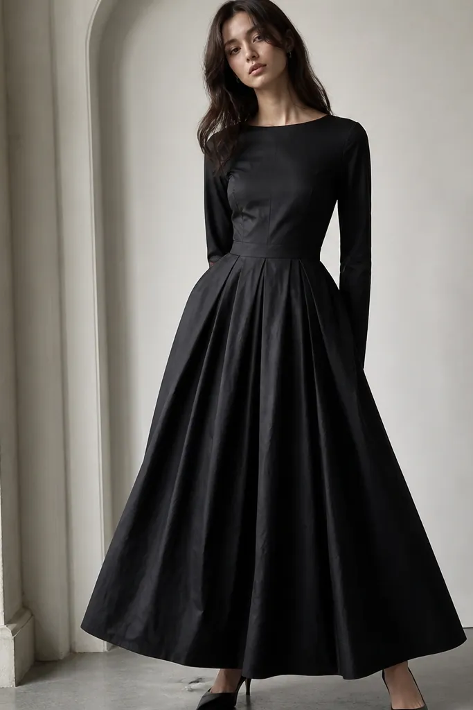 Model wearing a black long-sleeve dress with a fitted bodice and a flared skirt that looks crisp like taffeta, falling near the ankles.