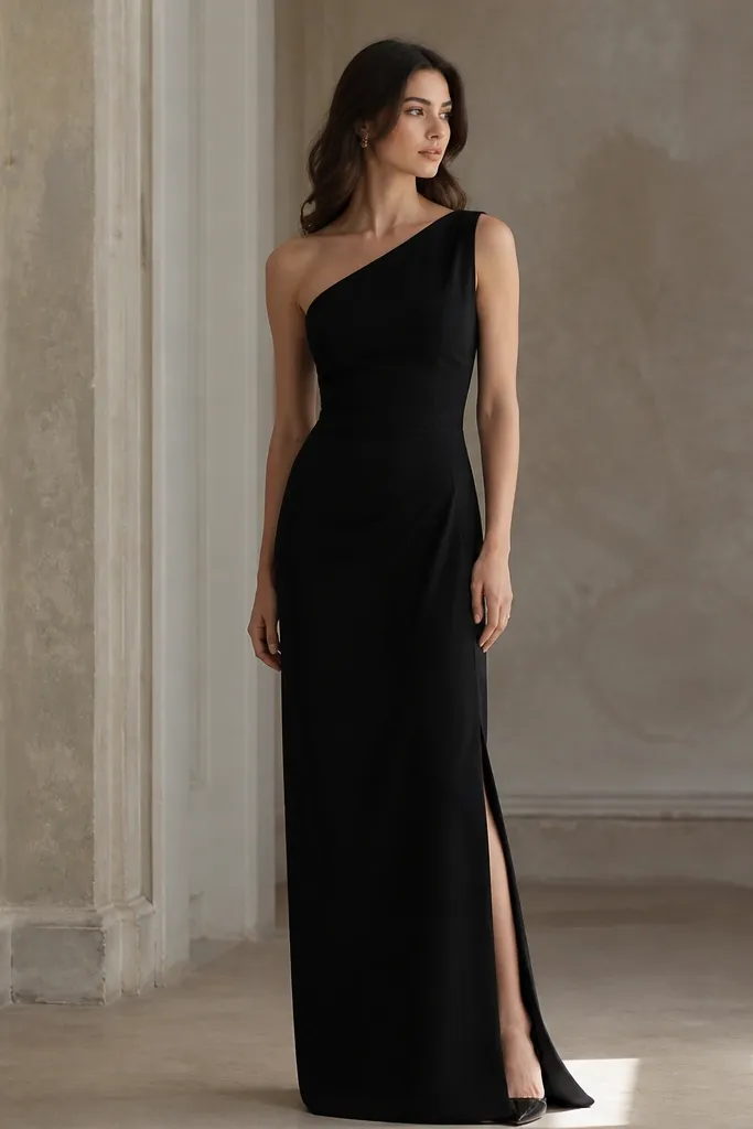 Model in a black one-shoulder crepe dress with a fitted waist and a subtle side slit revealing a small portion of the leg; floor-length hem.
