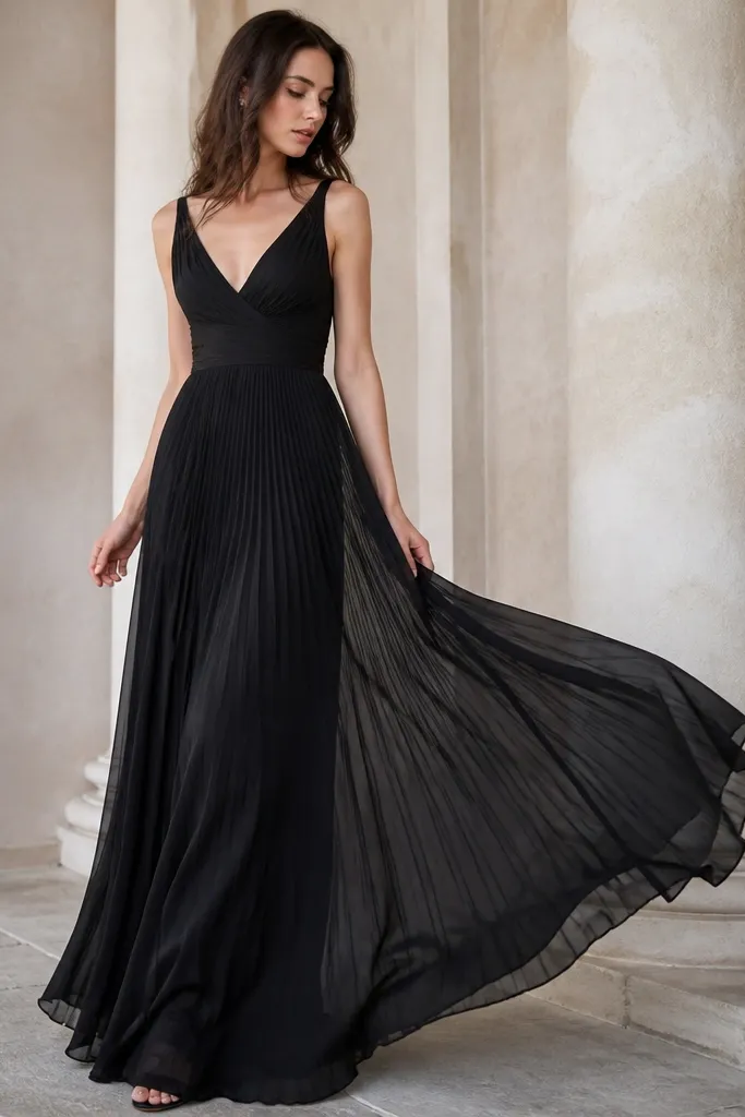 Model wearing a black pleated chiffon maxi dress with a flowing, airy skirt and a lined bodice; soft drape and a V neckline.