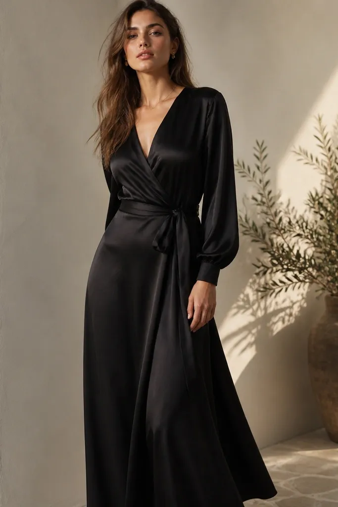 Model wearing a black satin-effect wrap maxi dress with a V wrap neckline, long sleeves, and a sash tie at the waist.