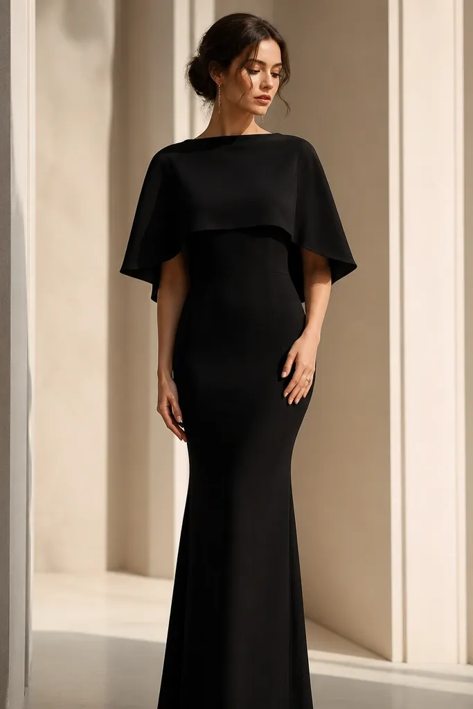 Model in a black evening dress with a fitted body and a short cape overlay at the shoulders, flowing over the arms; floor-length skirt.