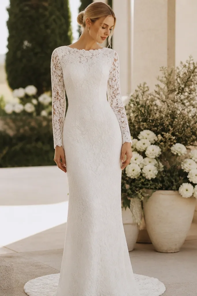A fitted long sleeve wedding dress with a straight, column silhouette. The bodice and sleeves are covered in corded floral lace, with scalloped cuffs at the wrists and a high bateau neckline. Opaque lining creates clean coverage across the chest and waist.