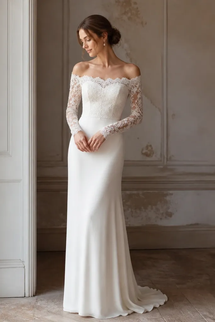 A long sleeve wedding dress with an off-shoulder neckline. The neckline uses illusion mesh edged with lace, while the sleeves are fully lace with a snug fit. The skirt is simple and falls straight to the floor.