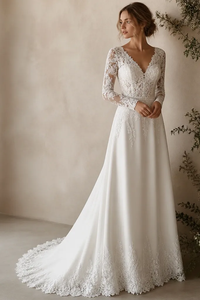 A V-neck long sleeve wedding dress with lace covering the bodice and sleeves. The skirt is a soft A-line made of satin or crepe underlay with lace detailing only near the top and along the hem.