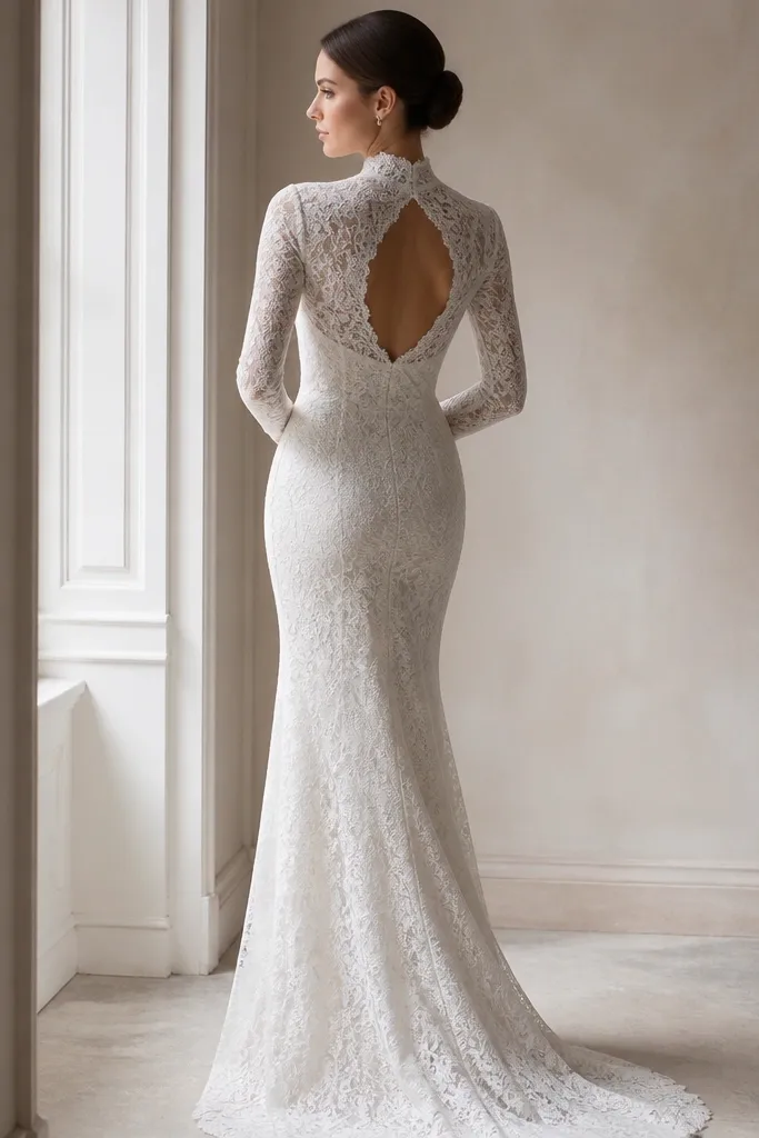 A long sleeve lace wedding dress with a high neckline and fitted sleeves. The back features a small keyhole opening outlined in lace, and the skirt is fitted through the hips before flaring slightly at the hem.