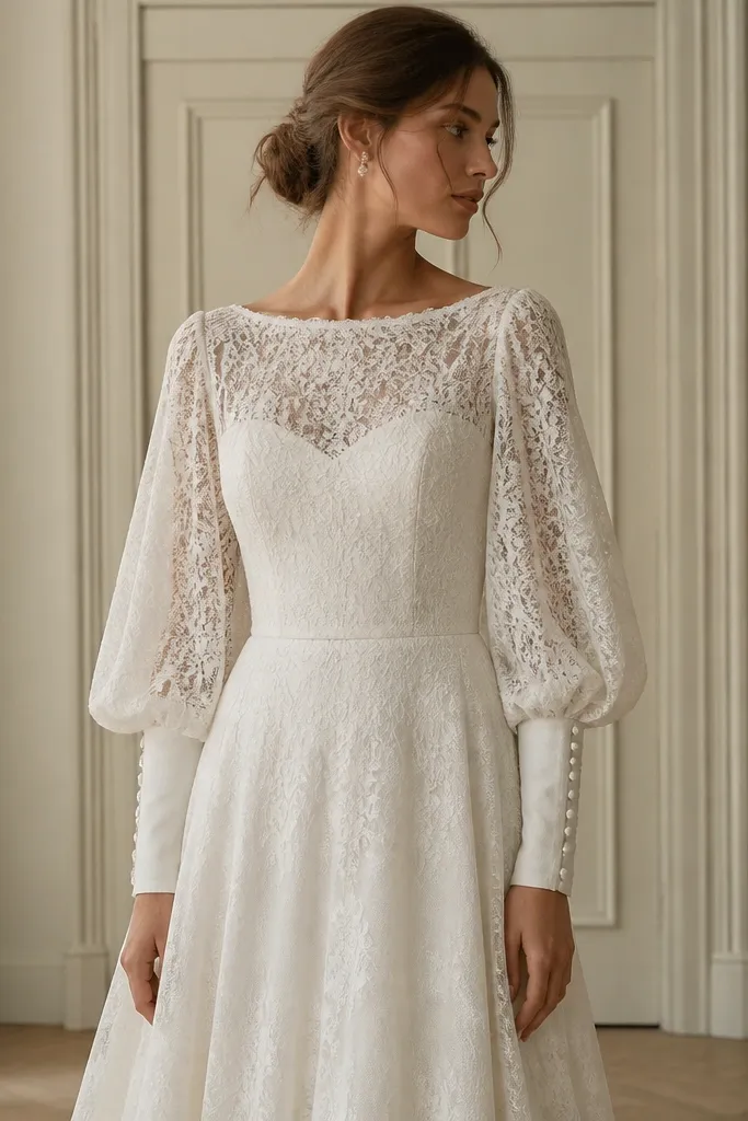 A wedding dress with bishop sleeves that billow at the upper arm and narrow at the wrist. The sleeves are lace, but the forearm area shows satin underlay for a smooth, luminous look. The bodice is lace with a simple waist seam.
