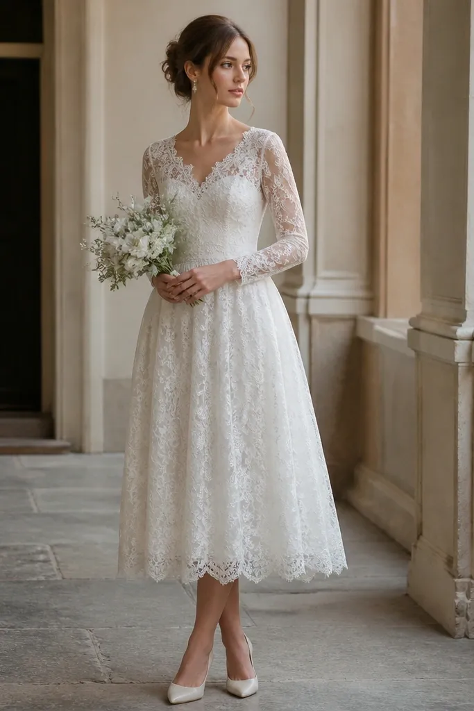 A tea-length long sleeve wedding dress in floral lace. The skirt ends around mid-calf, with a scalloped lace hem and a fitted lace bodice. The sleeves are long and slightly sheer with lace motifs.