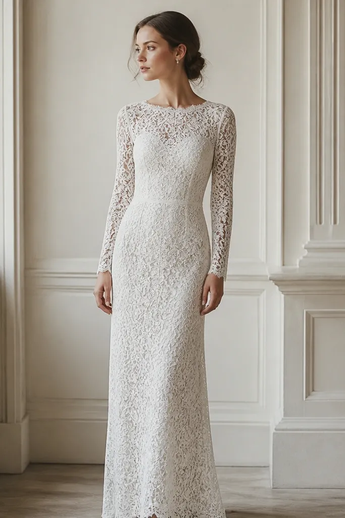 An allover lace long sleeve wedding dress in a sheath silhouette. The lace pattern is consistent across bodice and sleeves, and the waist is defined with a seam that smooths the shape. The skirt falls straight and ends with a lace hem.