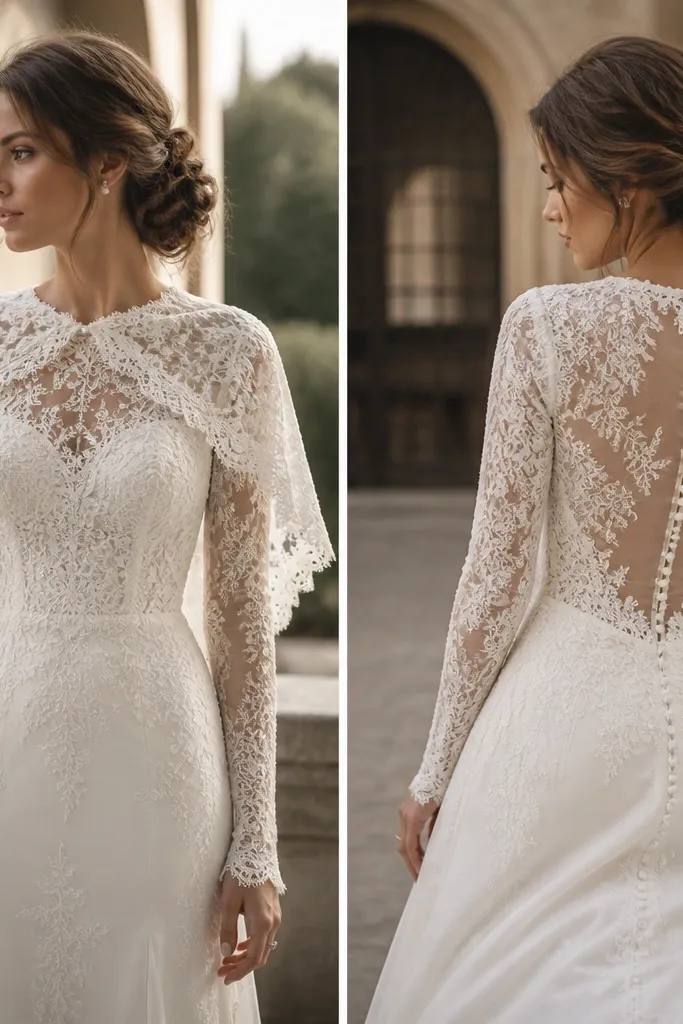 A long sleeve wedding dress with a fitted lace bodice and an optional lace capelet draped over the shoulders. The capelet is semi-structured and extends down the upper arms like a soft shawl, with lace trim along the edge.