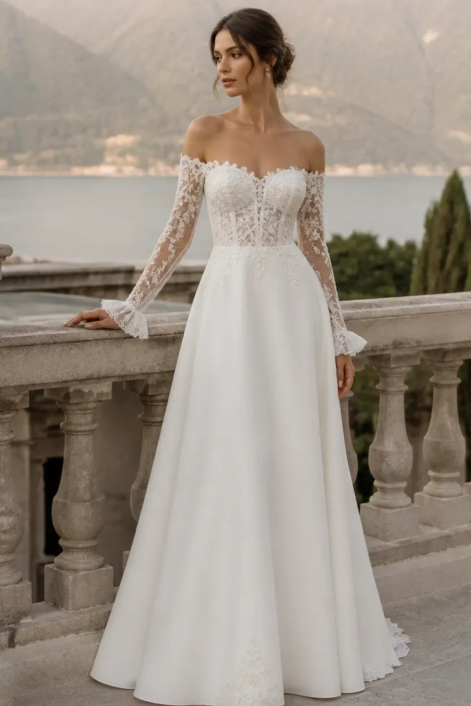 A dress with an off-shoulder neckline and long lace sleeves featuring small ruffle cuffs. The bodice has lace appliqué and a structured waist seam. The skirt is lightly flared and made of smooth fabric with minimal lace below the knee.