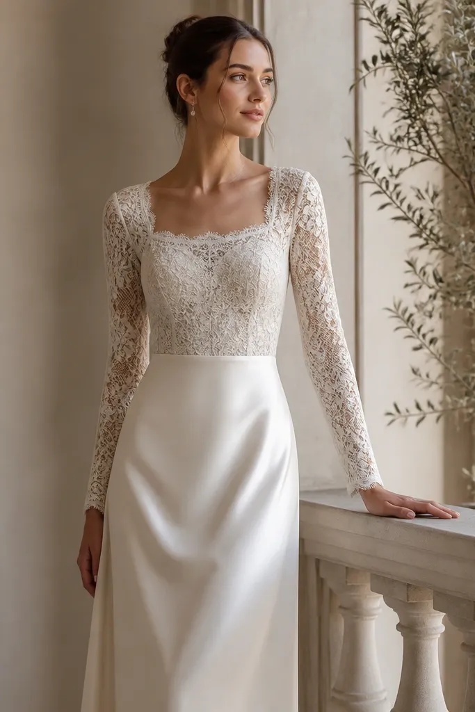 A two-part look: lace sleeves and a lace bodice top, paired with a smooth satin skirt. The waist has a clean seam, and the lace pattern is concentrated on the upper half. The neckline is modest and slightly square.
