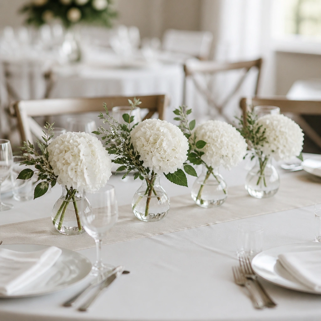 A round wedding table styled with a short row of clear glass bud vases, each holding a single white hydrangea-style bloom and a touch of greenery, set on a neutral runner.