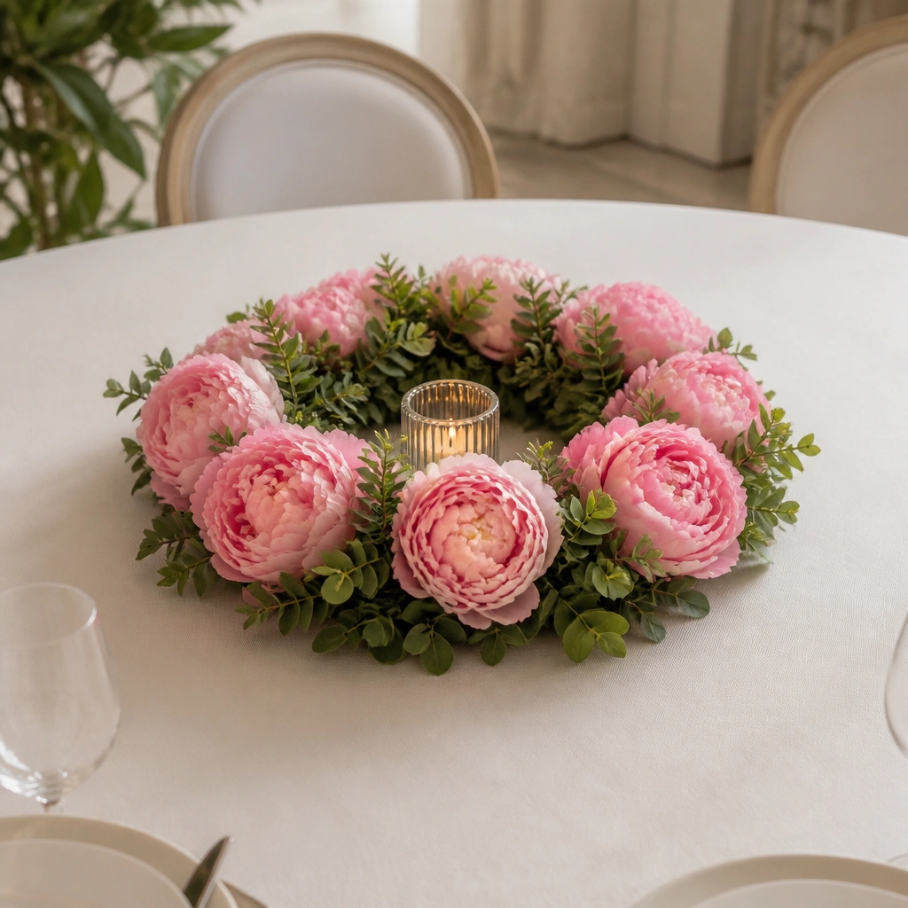 A circular floral ring sits in the center of a round table, made of pink peony-like foam flowers and small greenery leaves, surrounding a small candle holder.