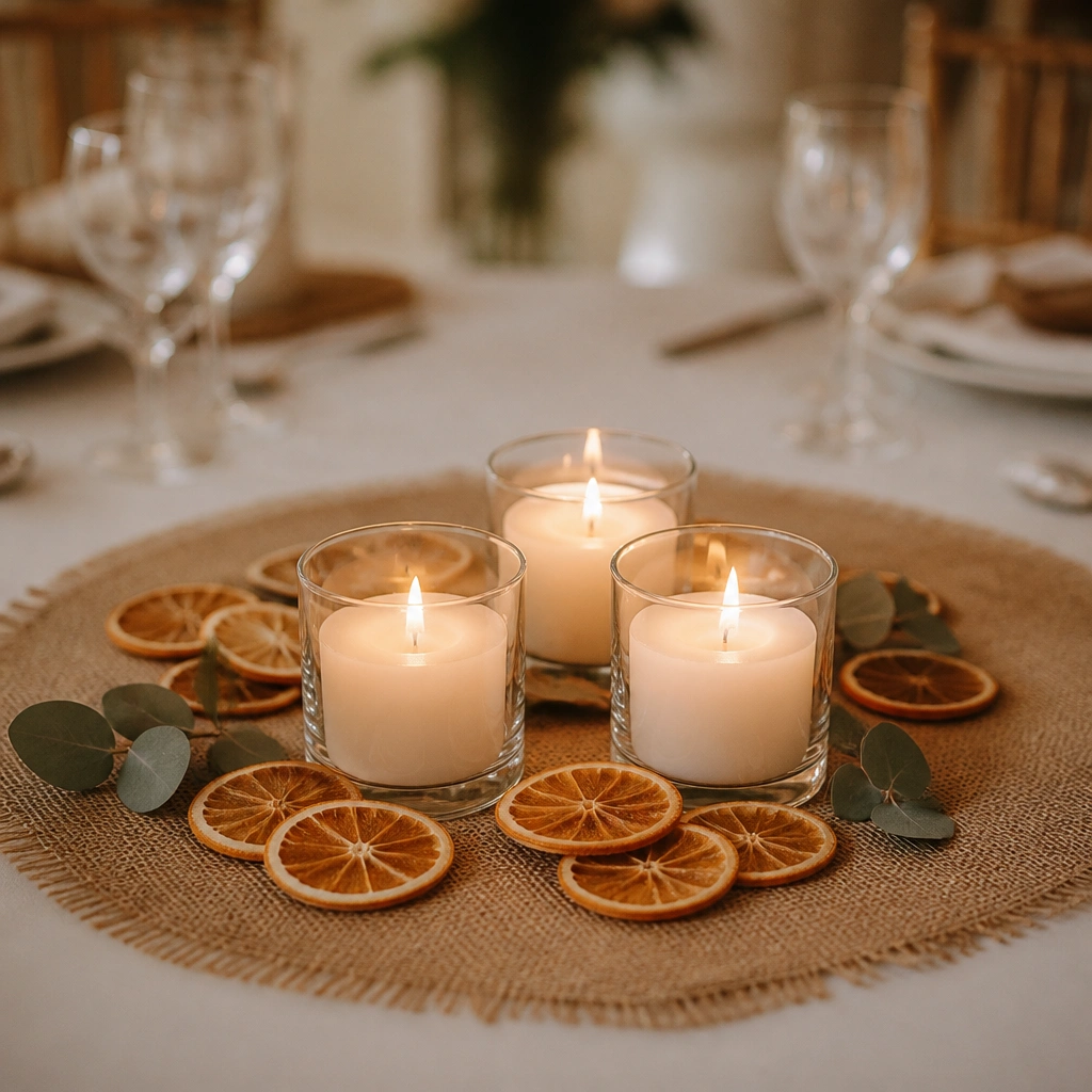 A round table centerpiece with burlap laid as a soft circle, three low candles in glass holders, and thin dried orange slices scattered around the base.
