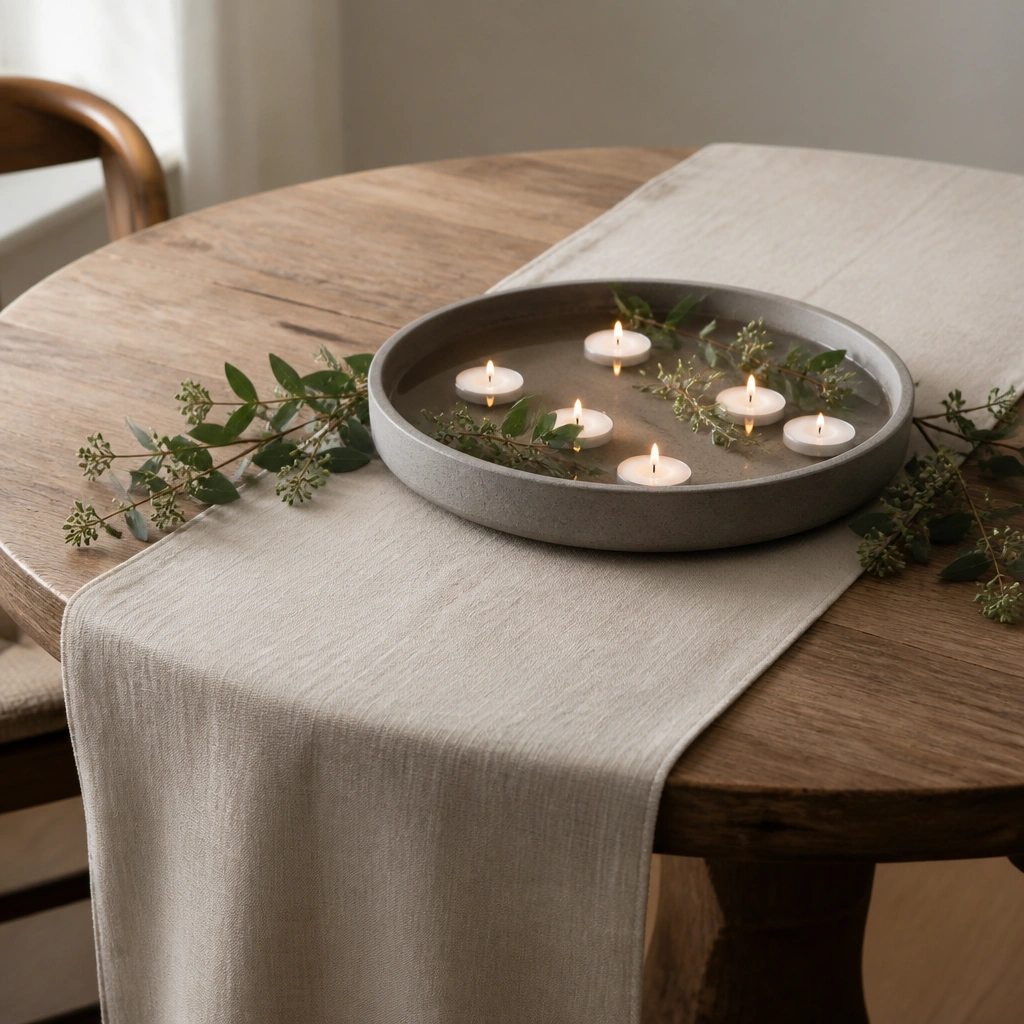A neutral linen runner on a round table with a shallow tray of water and floating tea lights, plus small sprigs of greenery tucked around the tray.