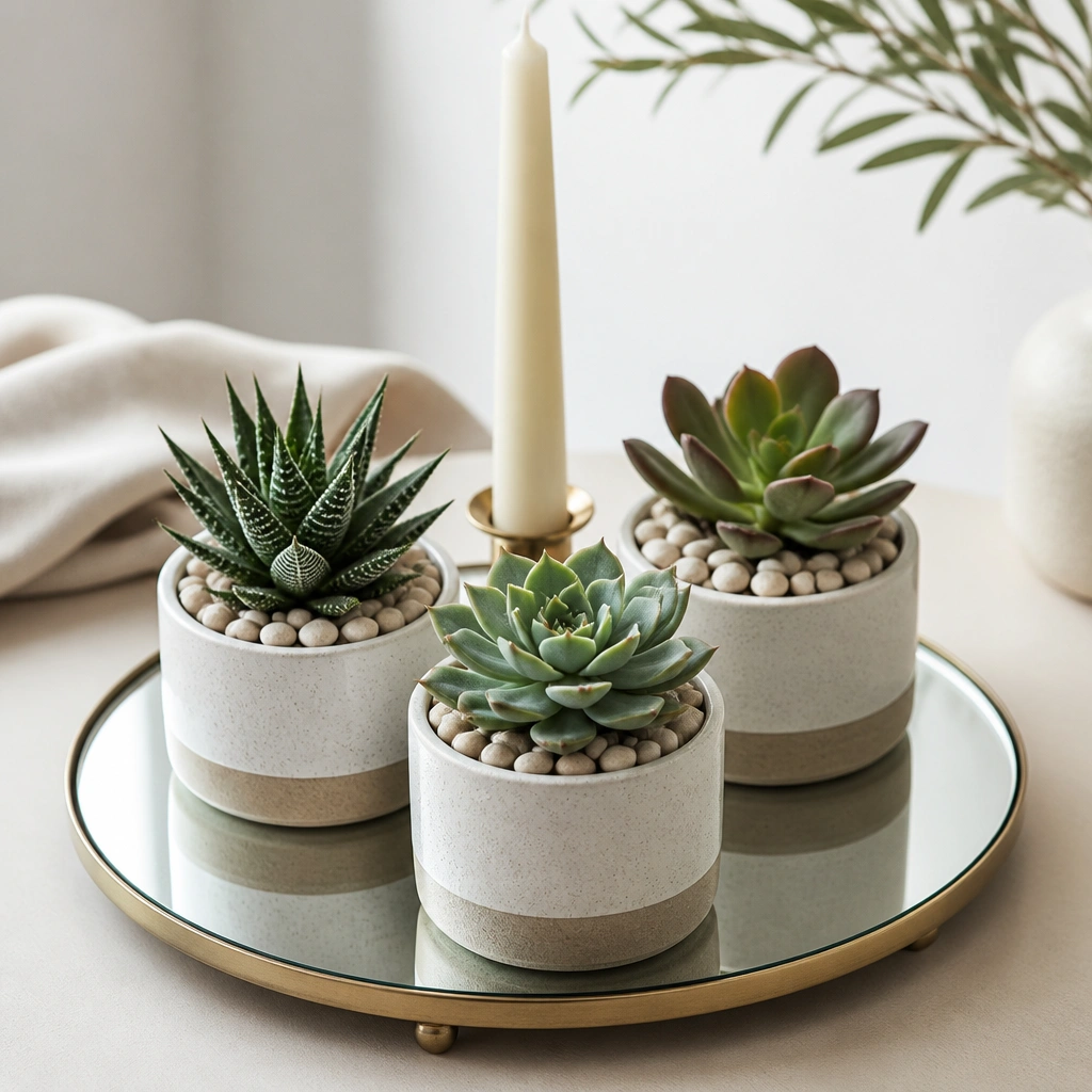 Three small succulent planters sit on a round mirrored tray, with pale stones around the bases and a single off-white taper candle tucked behind.